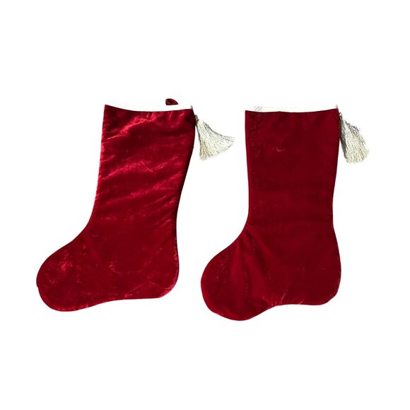 Set of 2 Red Quilted Velvet-Like Christmas Stockings Gold Tassel Holiday Decor - Picture 2 of 10